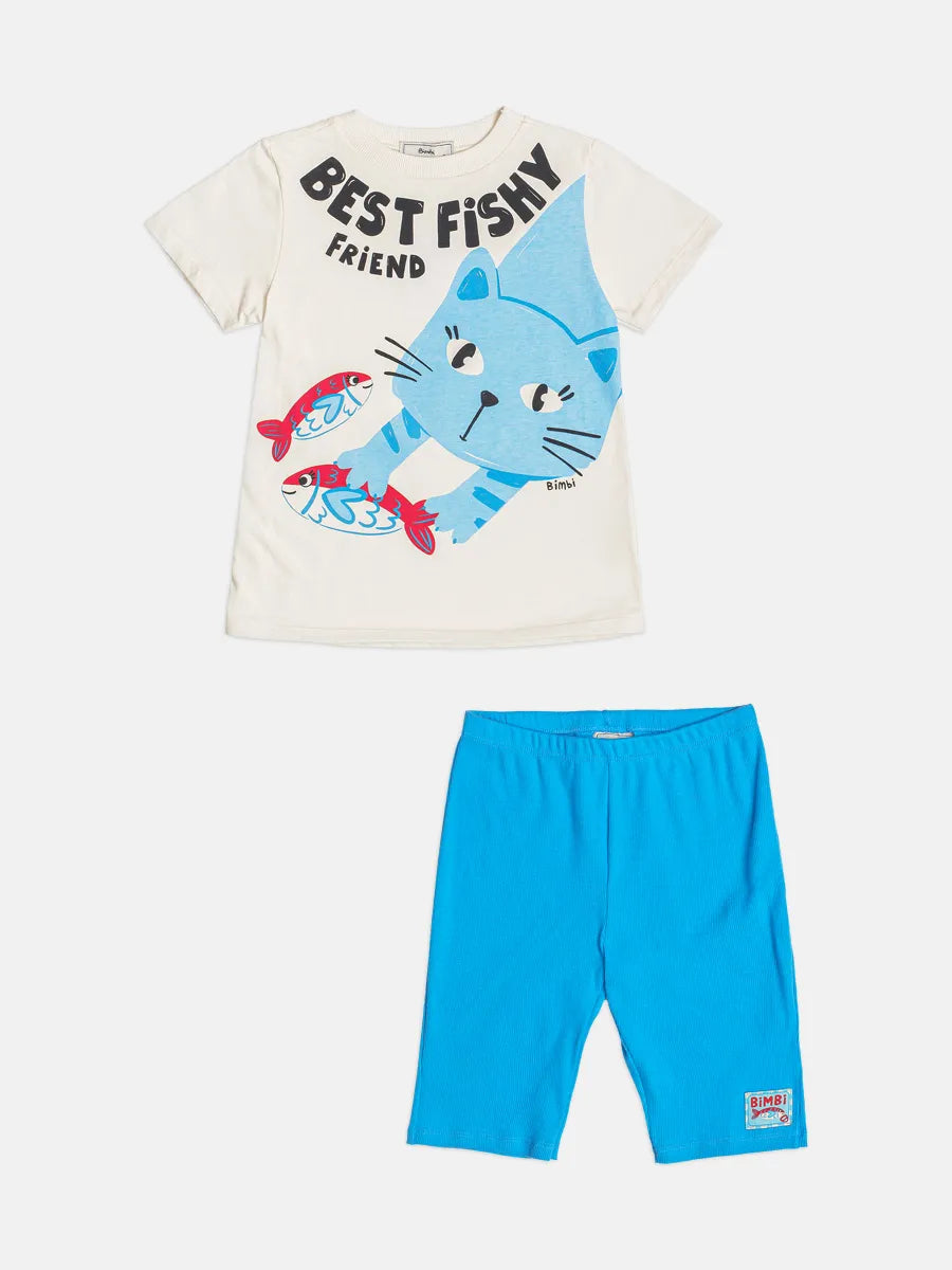 Conjunto Infantil Menina Bimbi Shorts Ciclista Azul e Blusa Cat and Fish