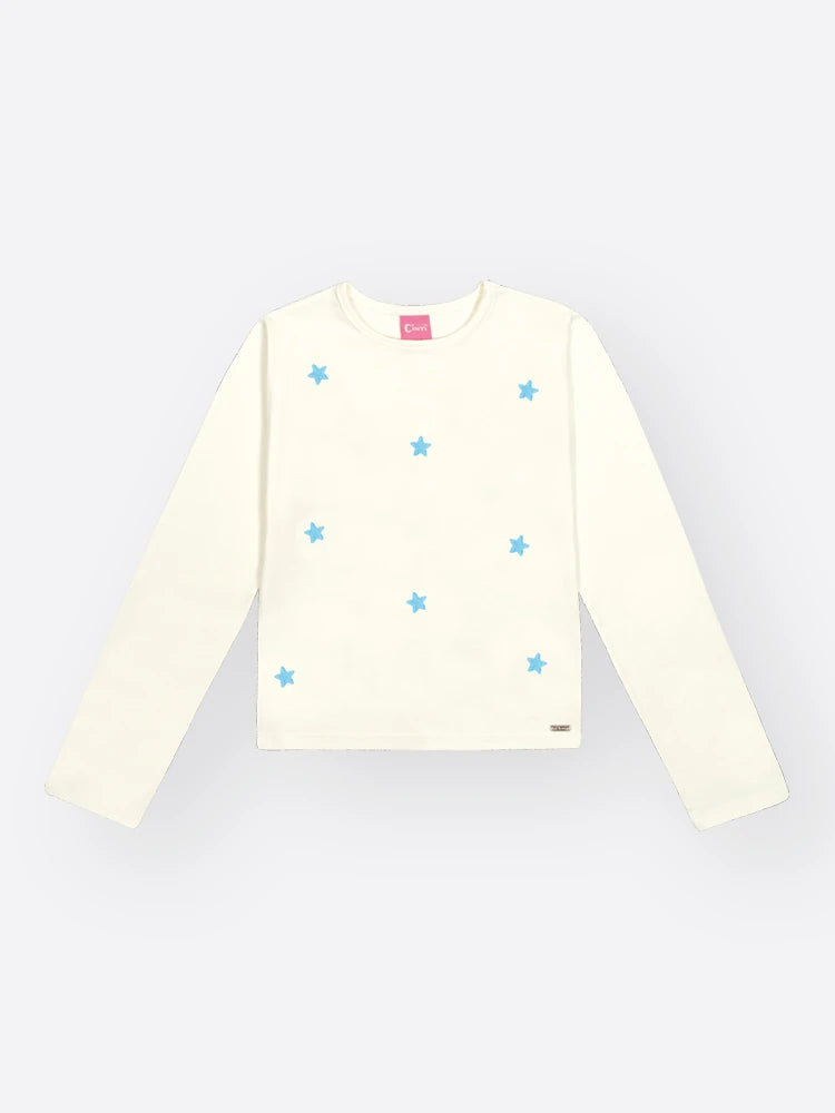Blusa Infantil Cinti Inverno Manga Longa Branca Estrelinhas Azul