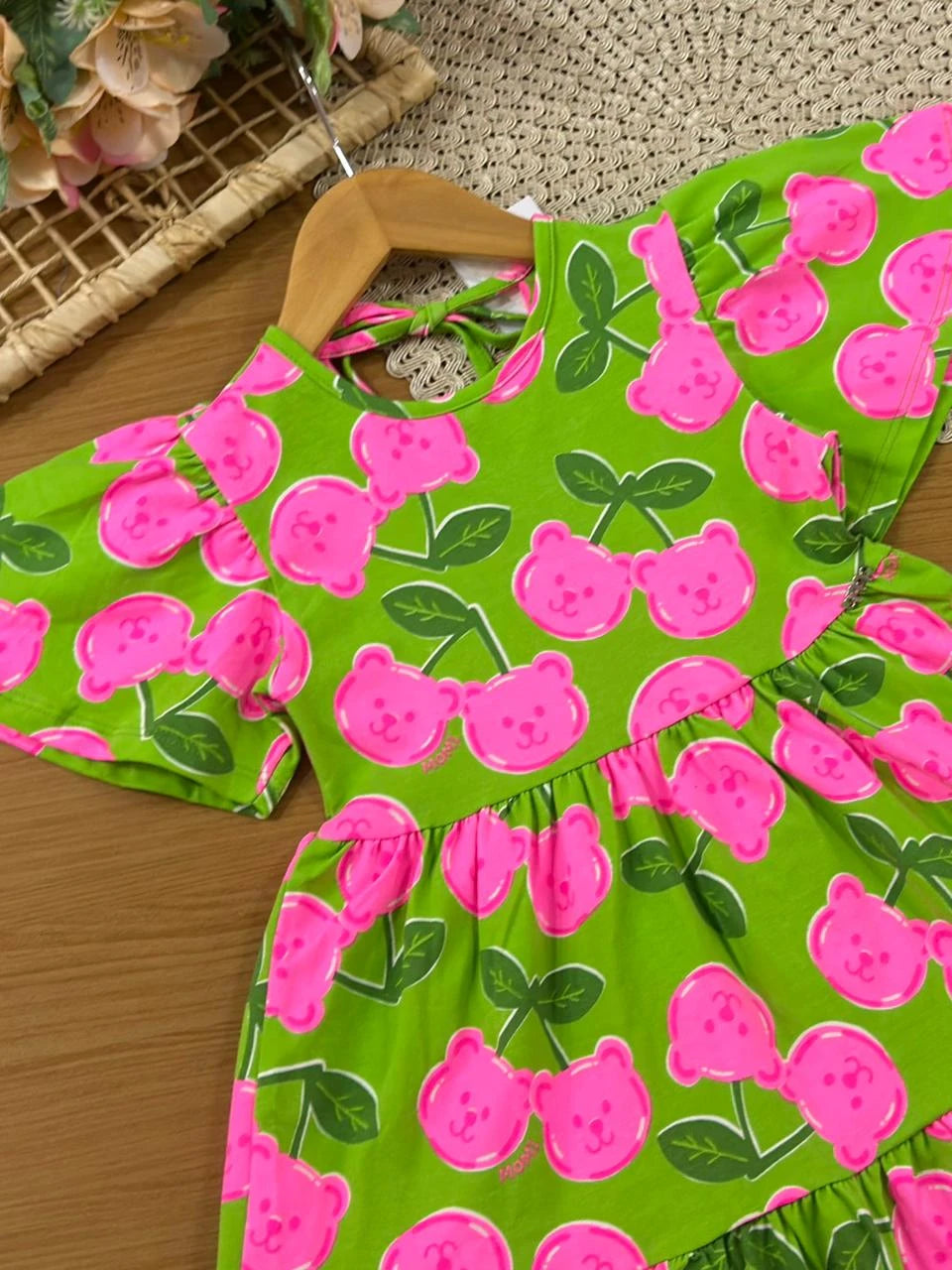 Vestido Infantil Momi Verde Ursinho Cereja