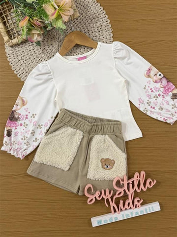 Conjunto Infantil Cinti Inverno com Shorts Bege e Blusa Manga Longa Branca Ursinha Floral