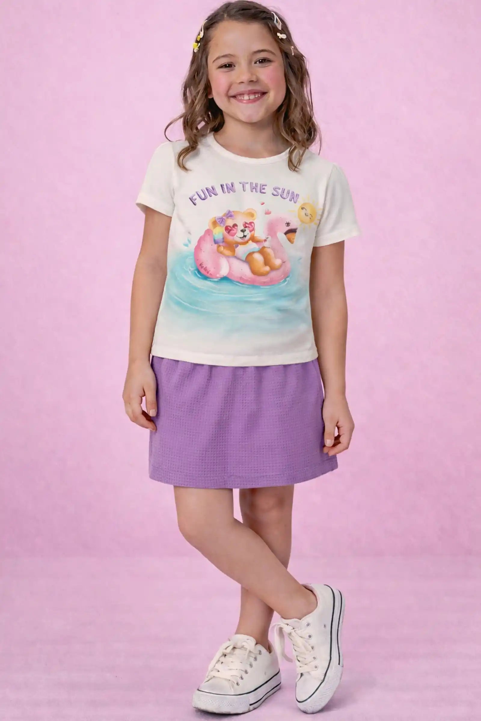 Conjunto Infantil Kukiê com Shorts Lilás e Blusa Ursinha na Praia