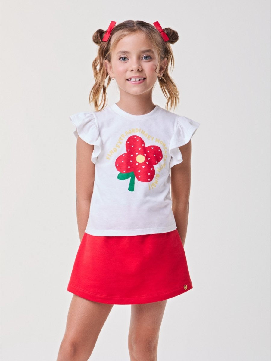 Conjunto Infantil Bimbi Verão com Shorts Saia Vermelho e Blusa Branca Florzinha