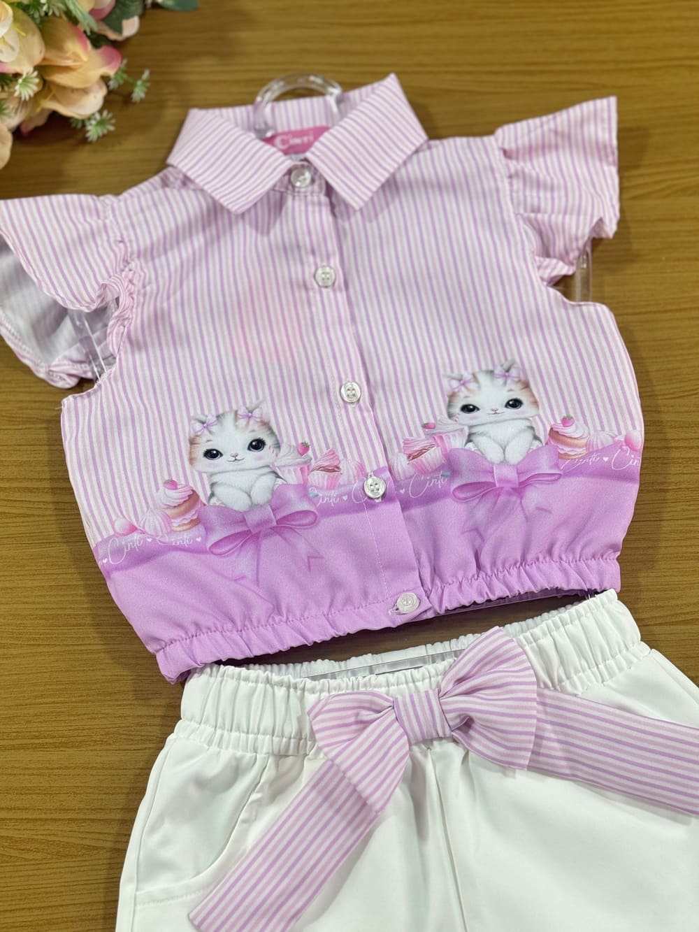 Conjunto Infantil Cinti Verão Shorts e Camisete Gatinha Lilás