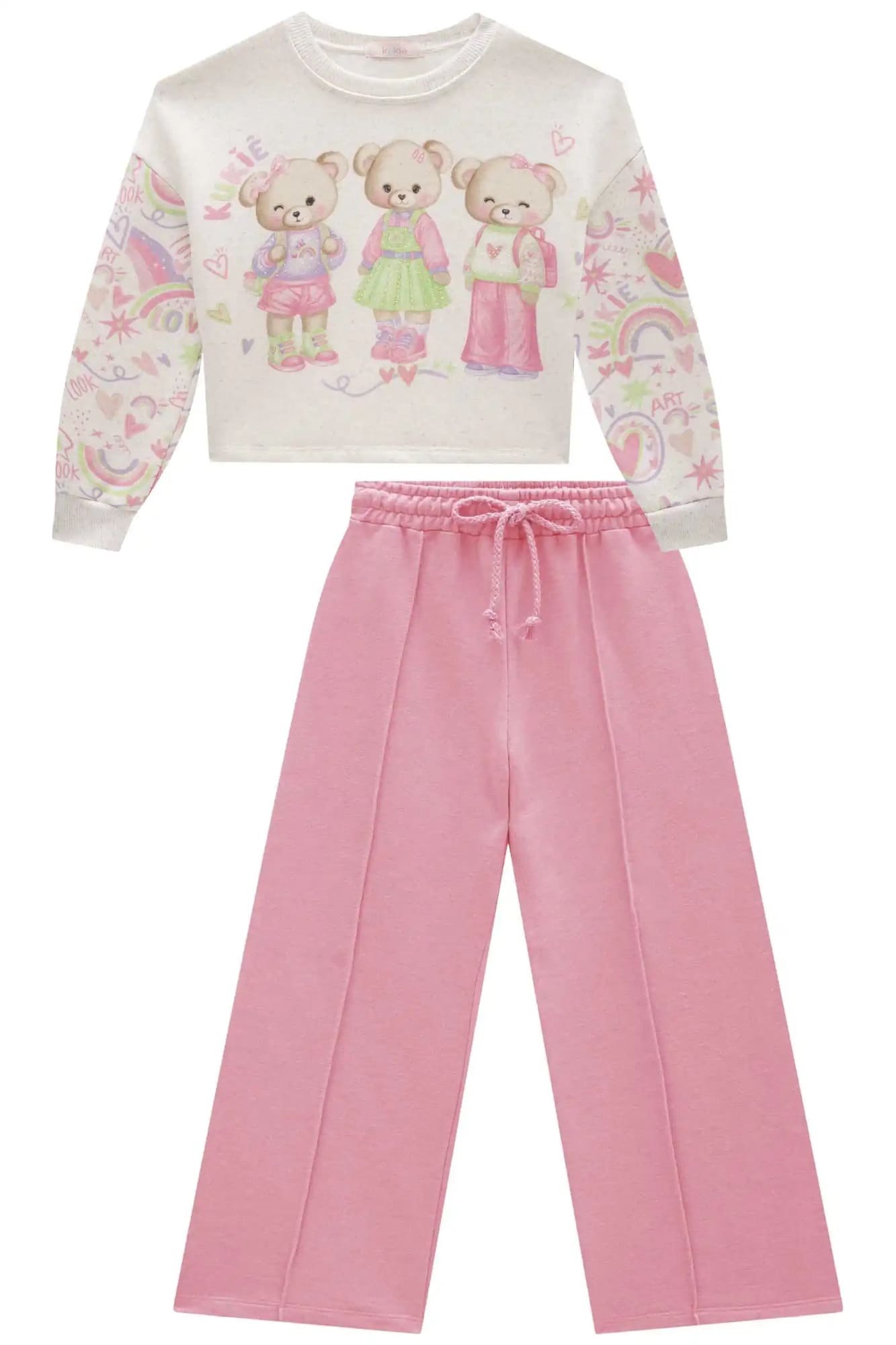 Conjunto Infantil Kukie Inverno Calça Wide Leg Rosa Casaco Ursinhos