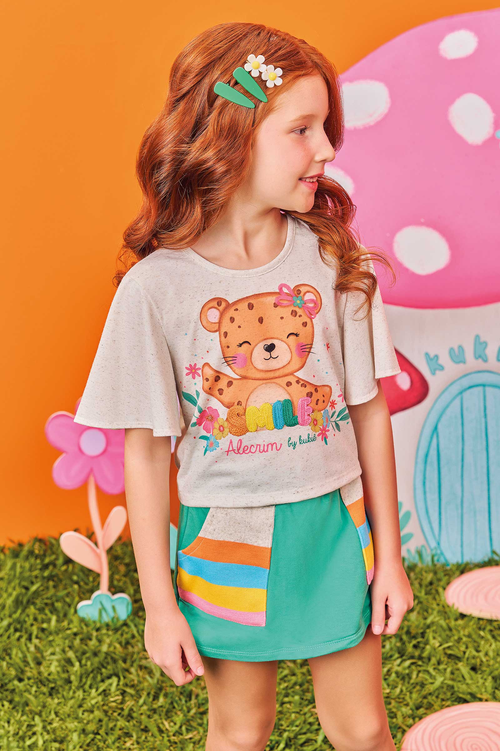 Conjunto Infantil Kukie Alecrim Verão Shorts Verde e Blusa Oncinha