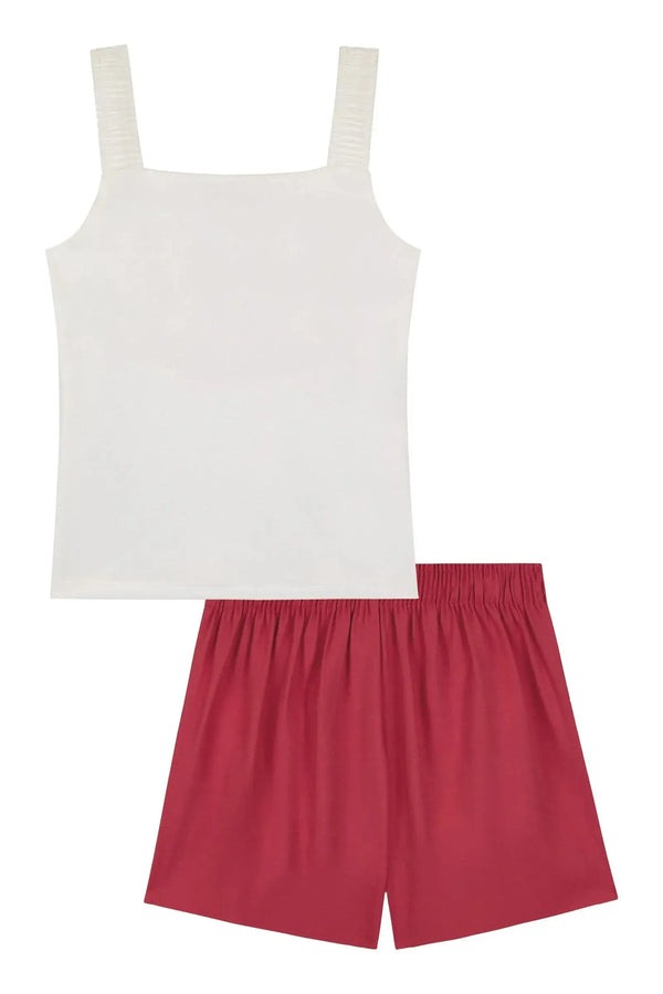 Conjunto Infantil Kukiê Verão com Shorts Saia Vermelha e Blusa Branca Summer