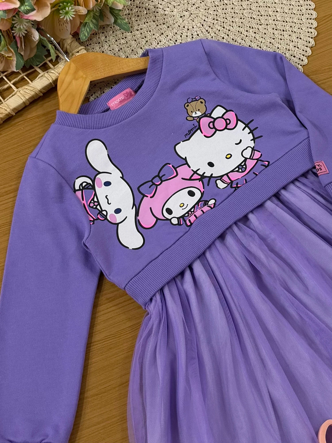 Vestido Infantil Momi Inverno Lilás com Tule Hello Kitty
