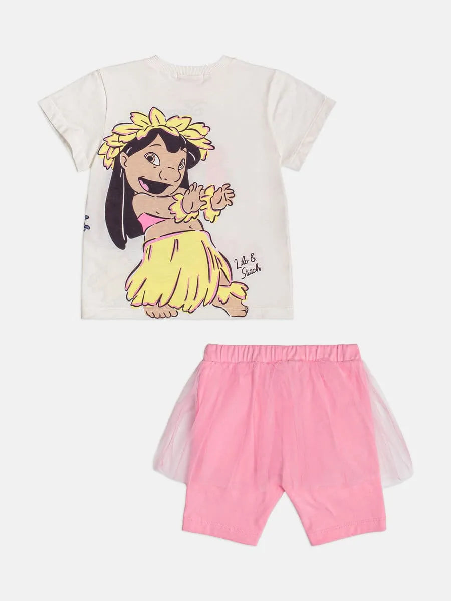 Conjunto Infantil Menina Momi Shorts Ciclista Rosa com Tule e Blusa Branca Lilo e Stitch Disney