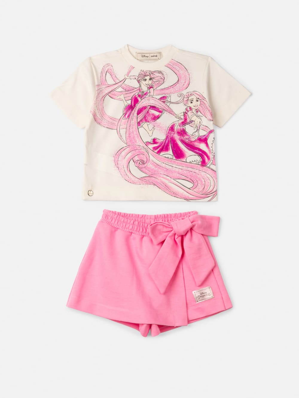 Conjunto Infantil Animê Verão Shorts Saia Rosa e Blusa Rapunzel Disney