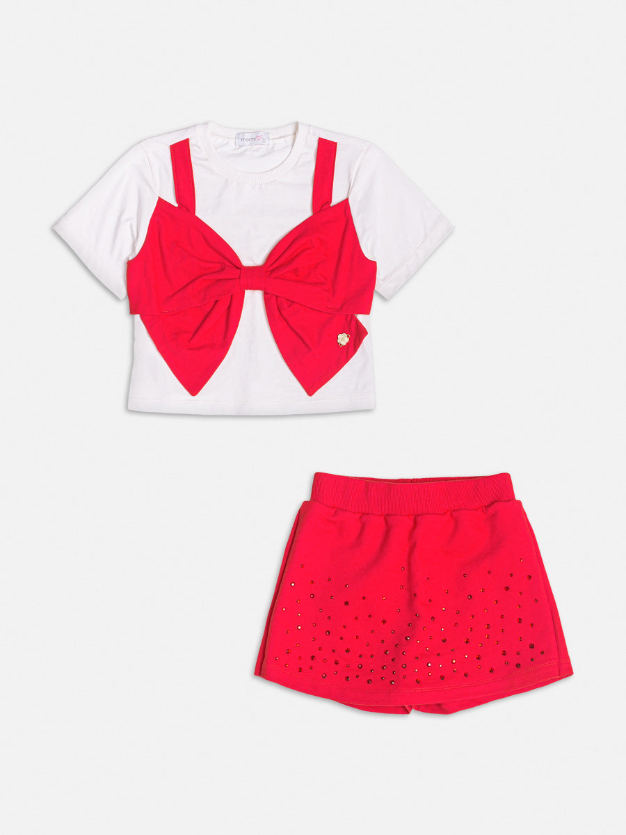 Conjunto Infantil Momi Verão Shorts Saia Vermelha e Blusa Laço Vermelho