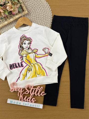 Conjunto Infantil Bimbi Inverno com Calça Legging Preta e Moletom sem Flanela Princesa Bela Disney