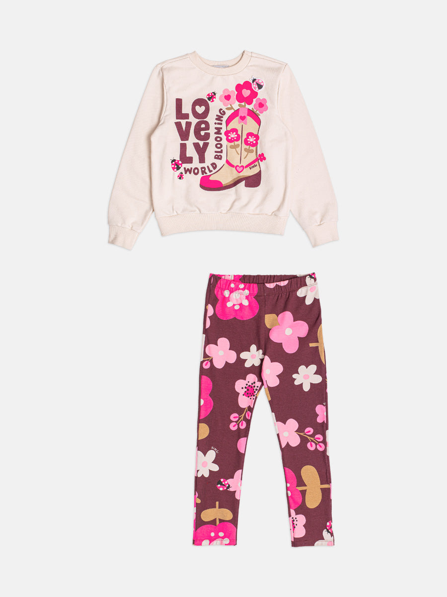 Conjunto Infantil Bimbi Inverno com Calça Legging e Moletom sem Flanela Bege Lovely