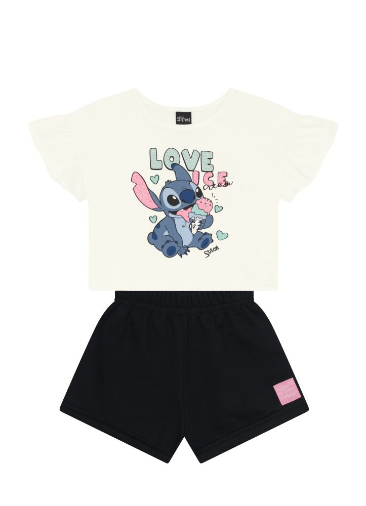 Conjunto Infantil Menina Brandili com Shorts Preto e Blusa Branca Stitch Love Ice Disney