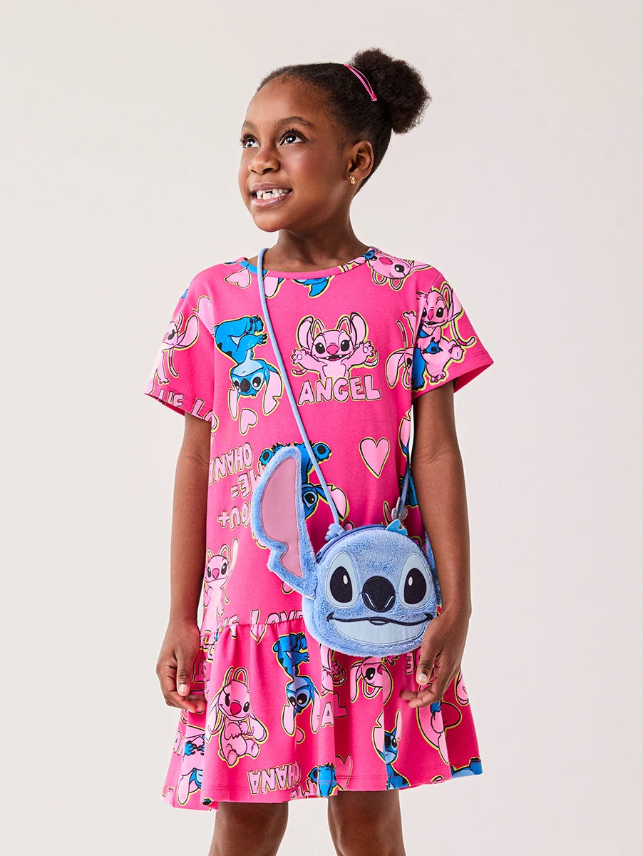 Vestido Infantil Bimbi Inverno Rosa Stitch e Angel Estampado Disney