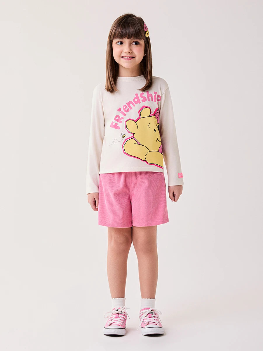 Conjunto Infantil Bimbi Inverno com Shorts Rosa e Blusa Manga Longa Pooh Friendship