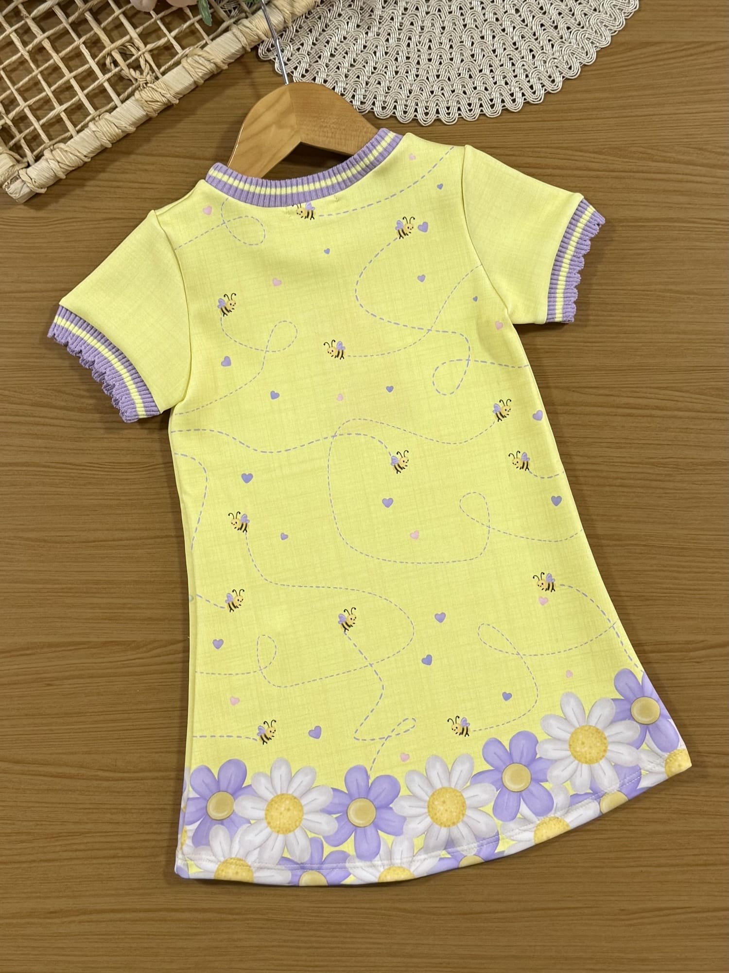 Vestido Infantil Kukiê Manga Curta Amarelo Ursinha Floral