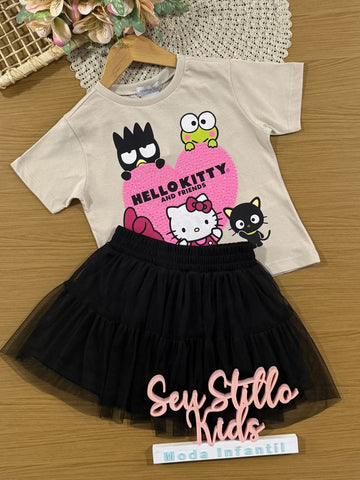 Conjunto Infantil Momi com Saia em Tule Preta e Blusa Bege Hello Kitty