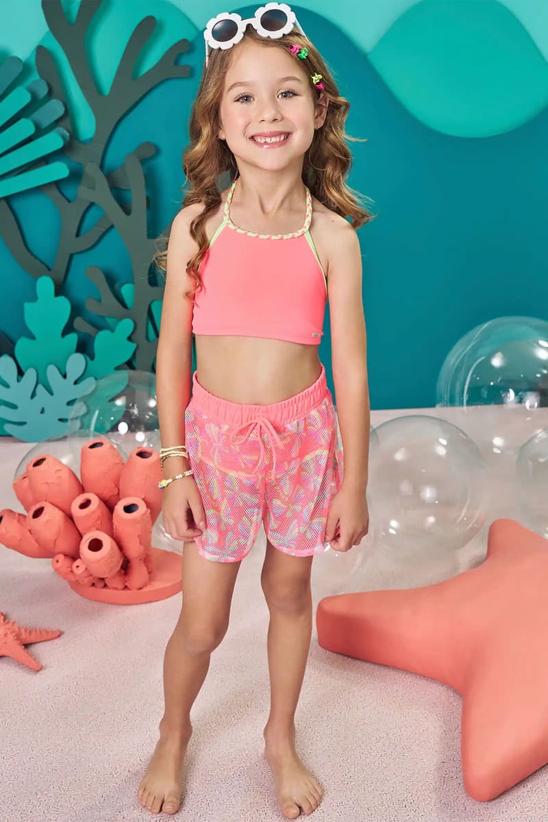 Biquíni Infantil Kukiê Verão Rosa com Saída de Praia em Tule Borboleta