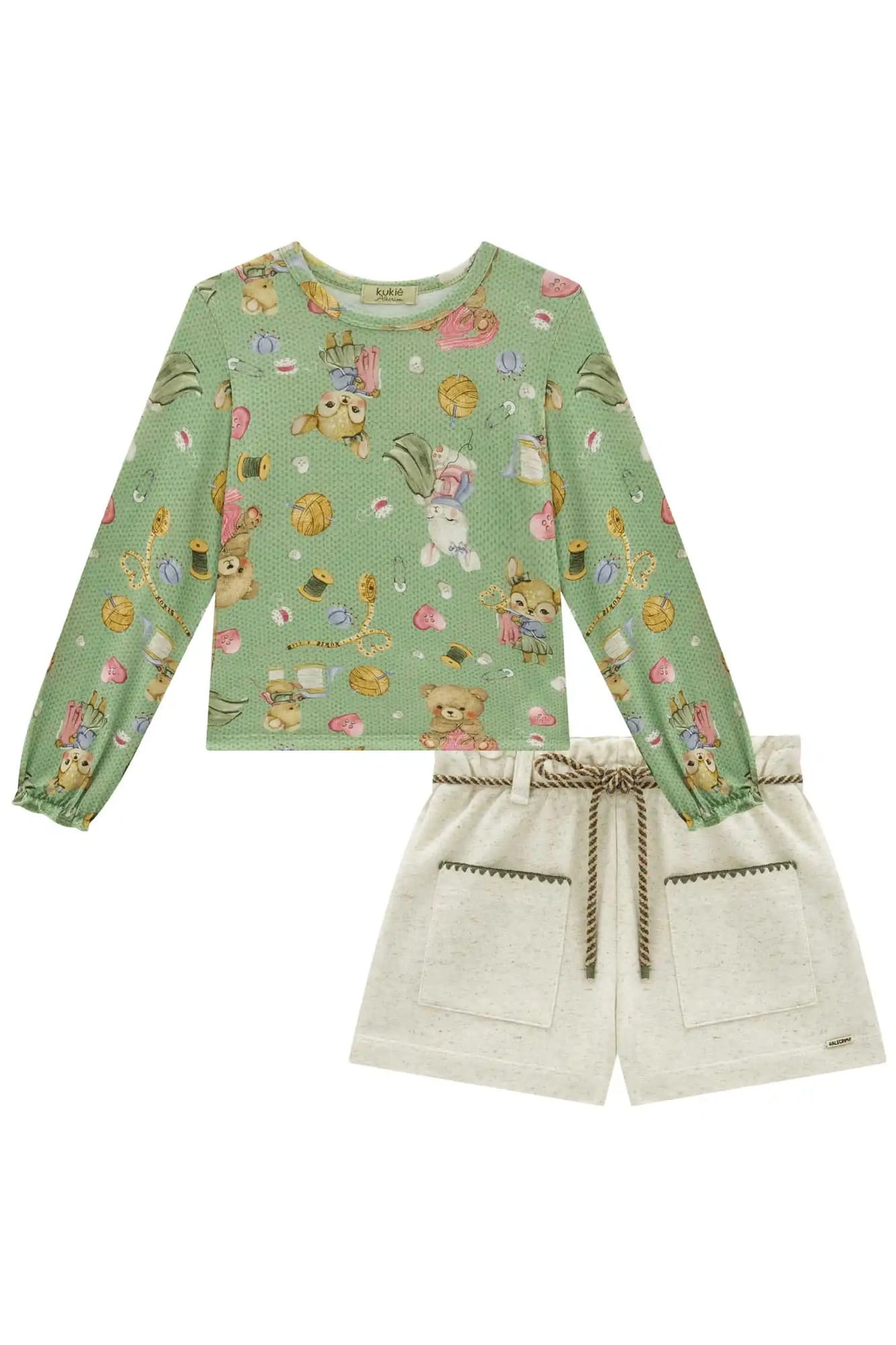 Conjunto Infantil Kukiê Alecrim Inverno com Shorts Off White e Blusa Verde Animais