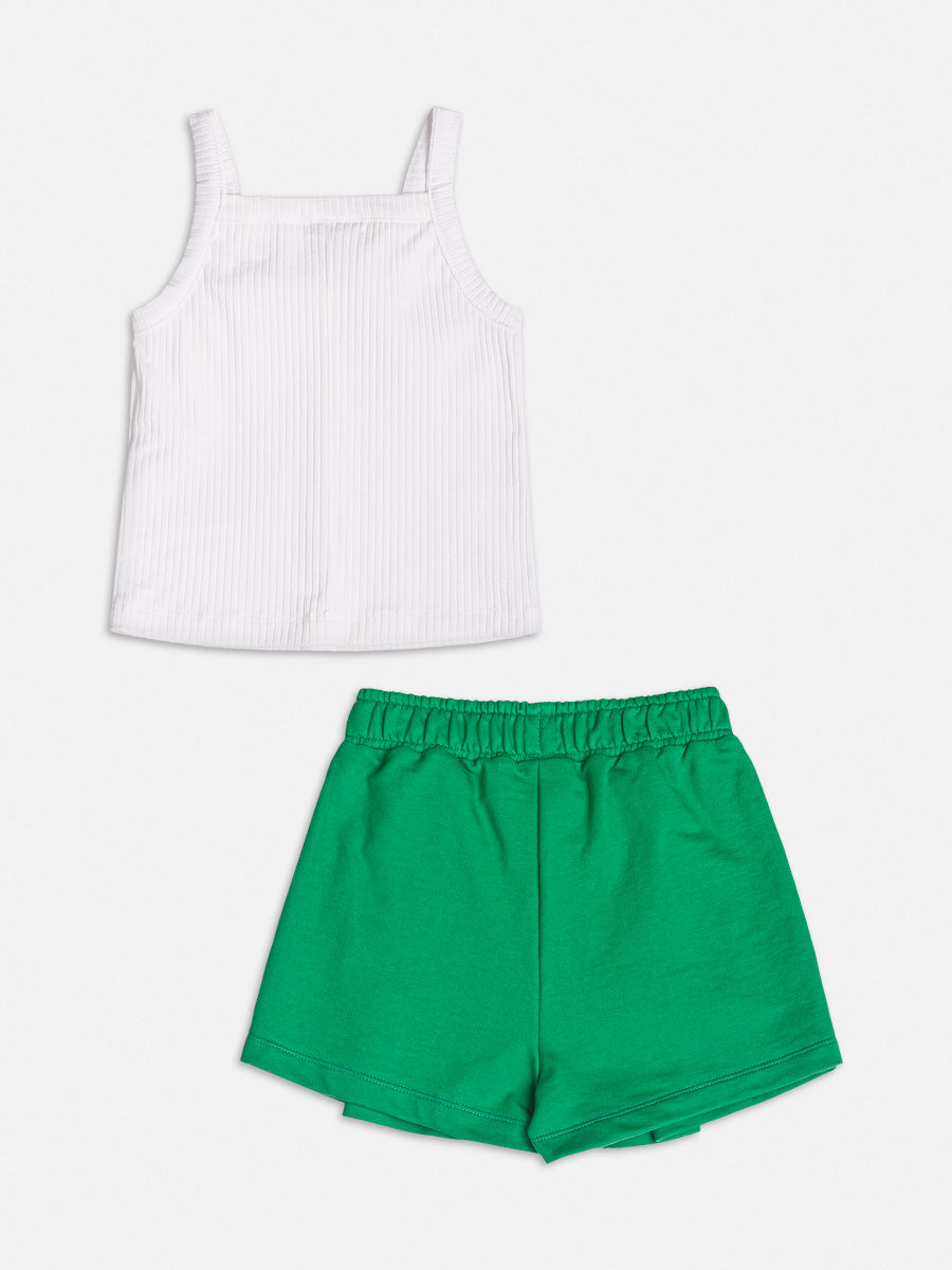 Conjunto Infantil Momi Verão Shorts Saia Verde e Blusa Canelada