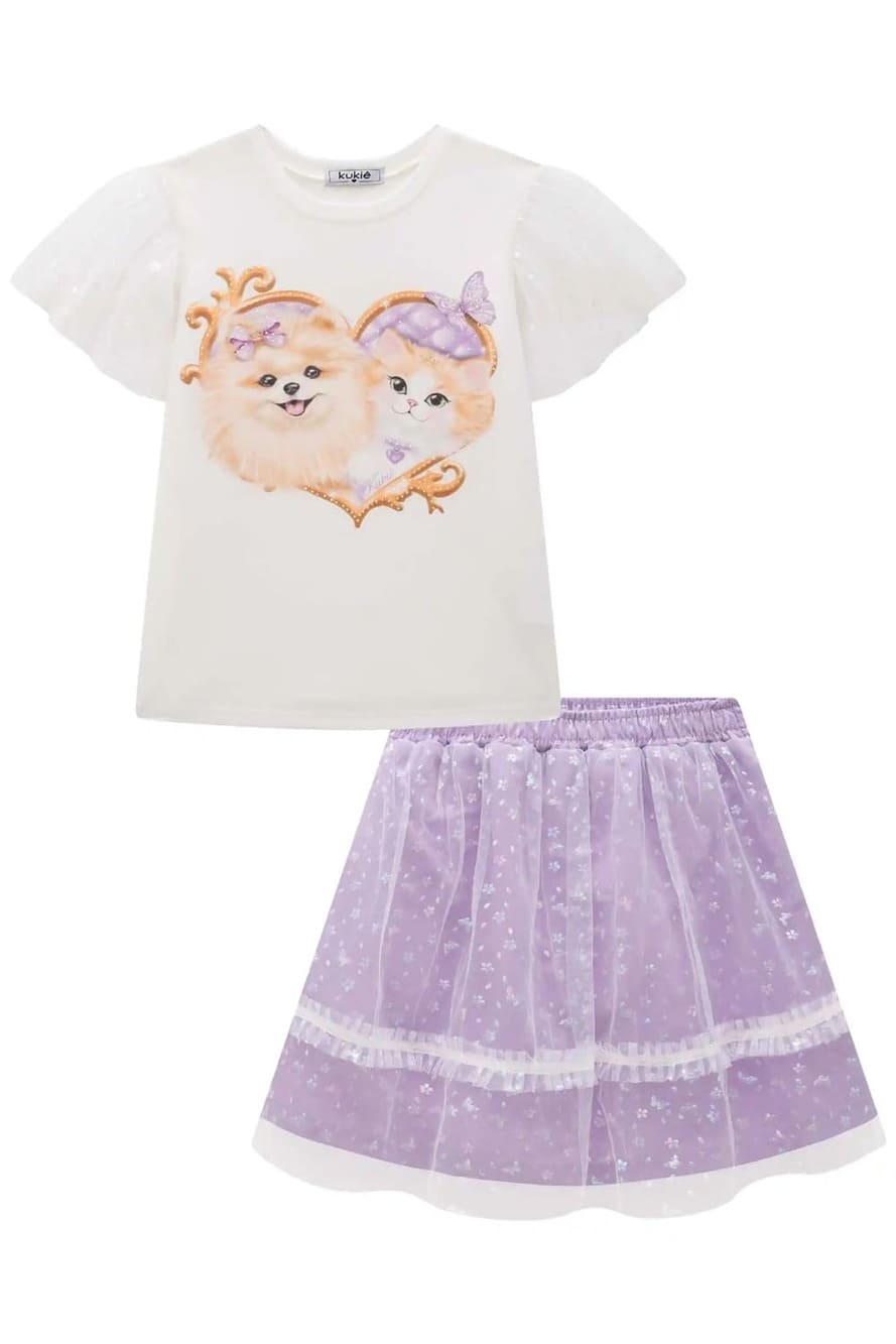 Conjunto Infantil Kukie Verão Com Saia e Blusa Gatinha e Cachorrinha