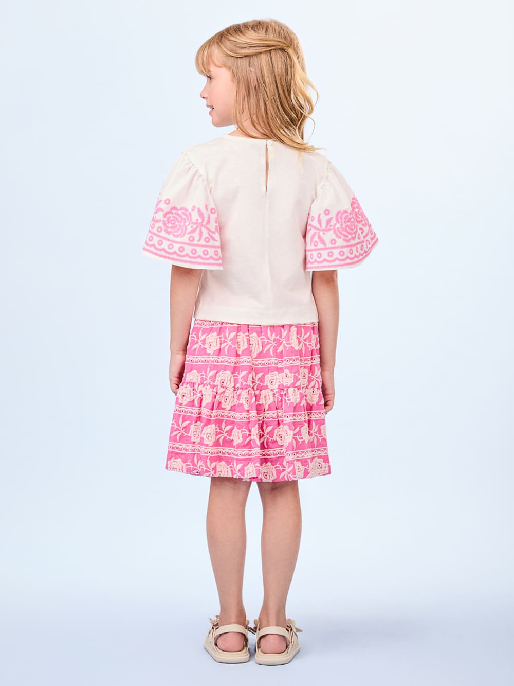 Conjunto Infantil Animê Verão Saia Rosa Bordada e Blusa