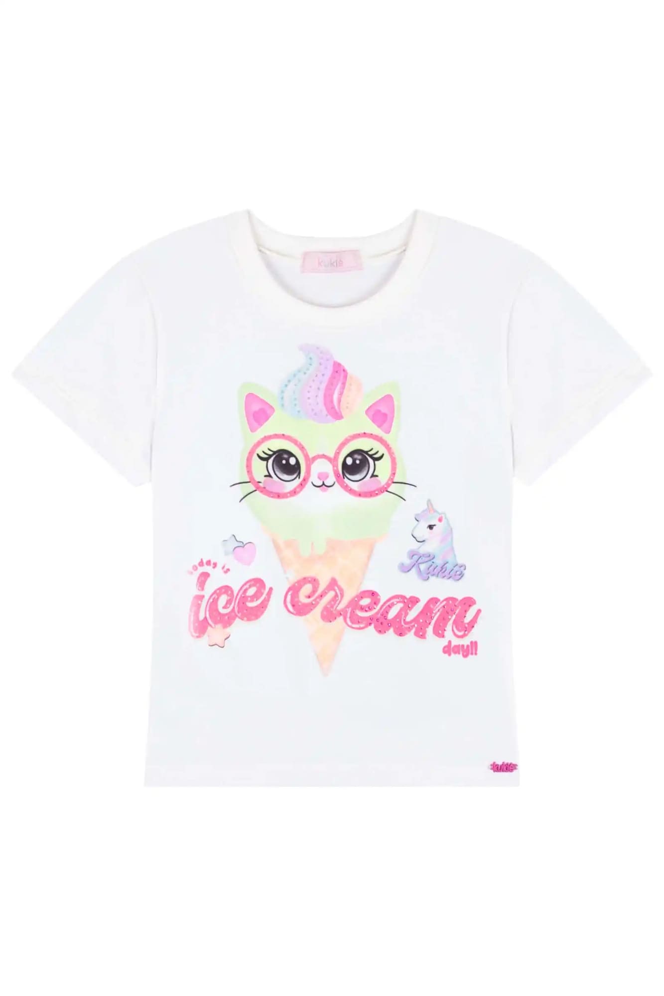 Blusa Infantil Kukiê Verão Off White Gatinha Sorvete