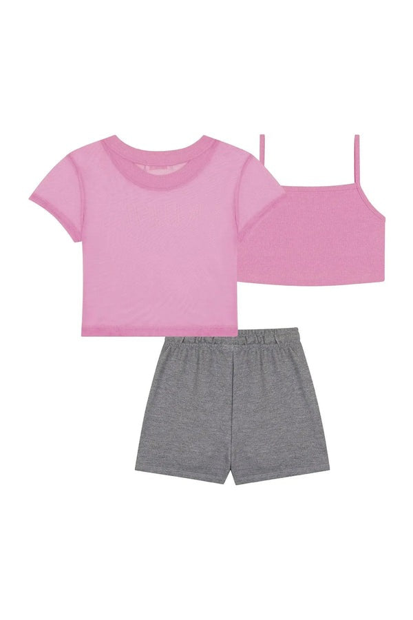 Conjunto Infantil Kukiê Verão com Shorts Cinza, Top e Sobreposição Rosa com Strass
