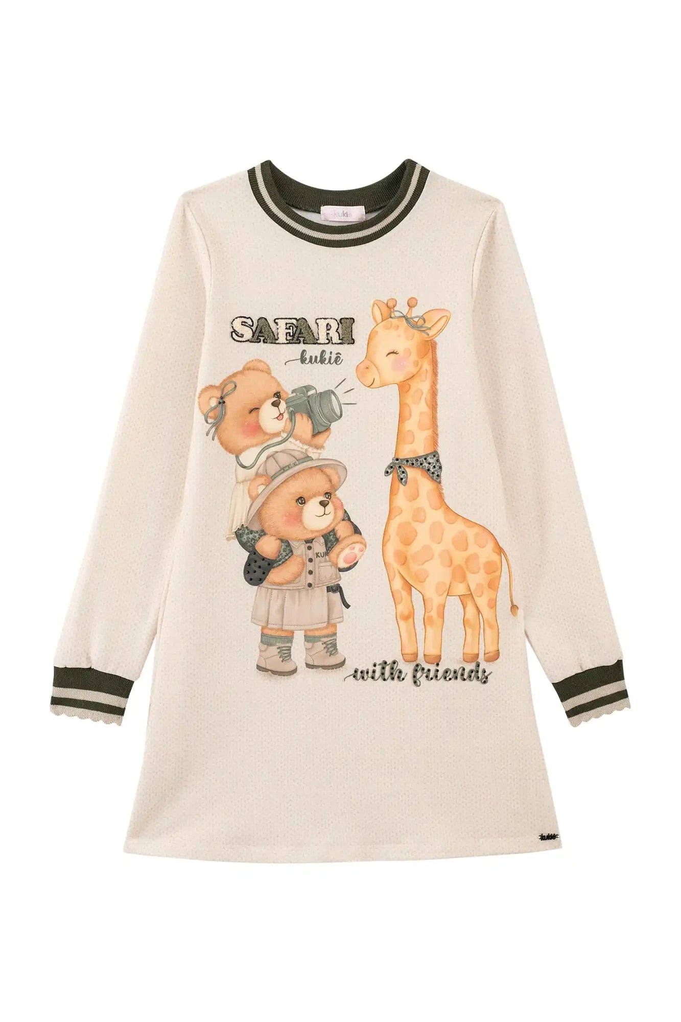 Vestido Infantil Kukiê Inverno Bege Claro Bichinhos Safari
