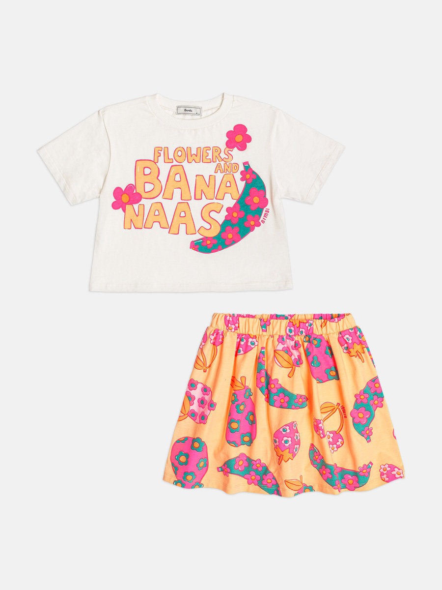 Conjunto Infantil Menina Bimbi com Saia Laranja e Blusa Branca Flowers e Bananas