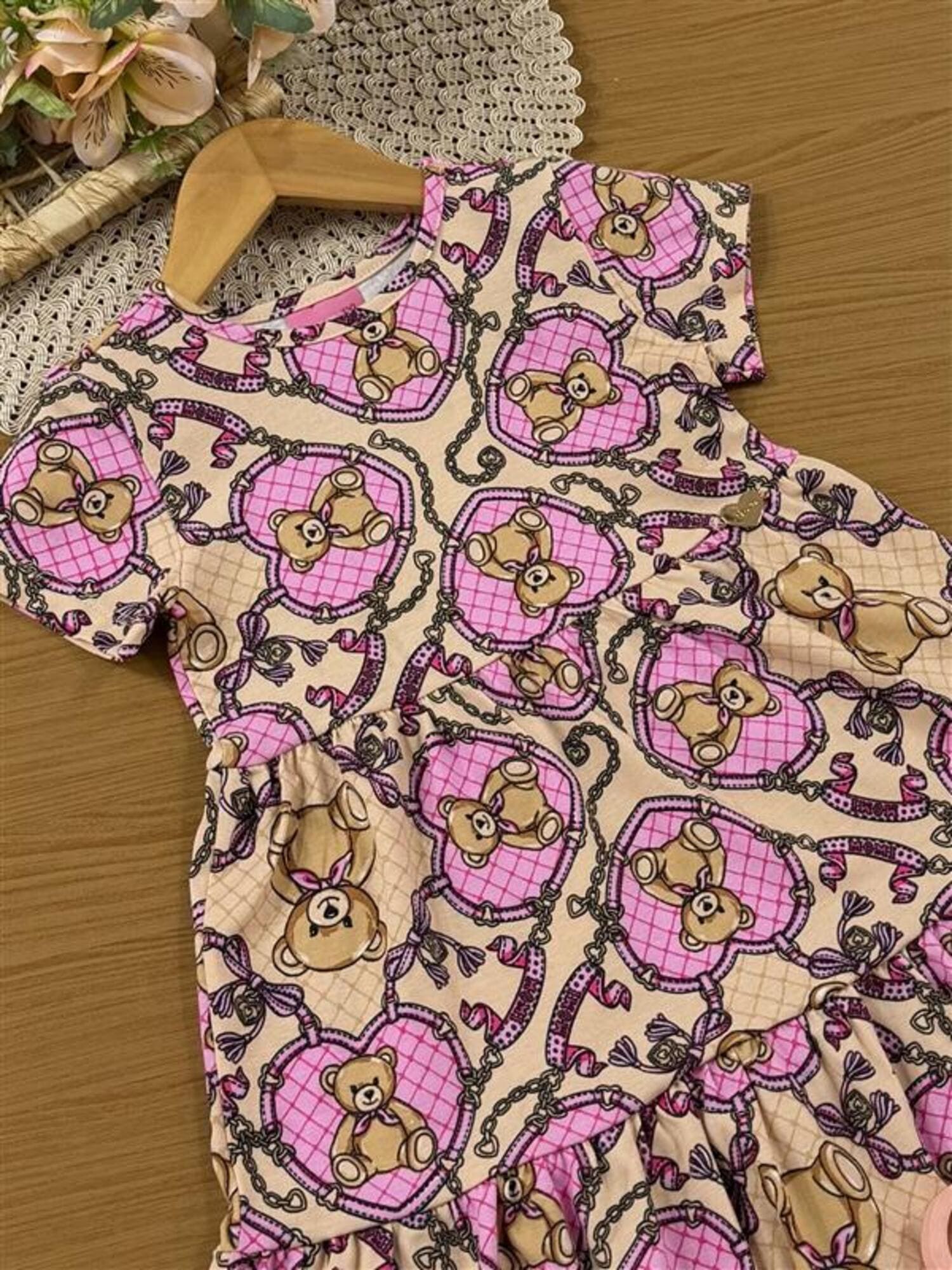 Vestido Infantil Momi Inverno Bege Ursinhos e Lacinhos