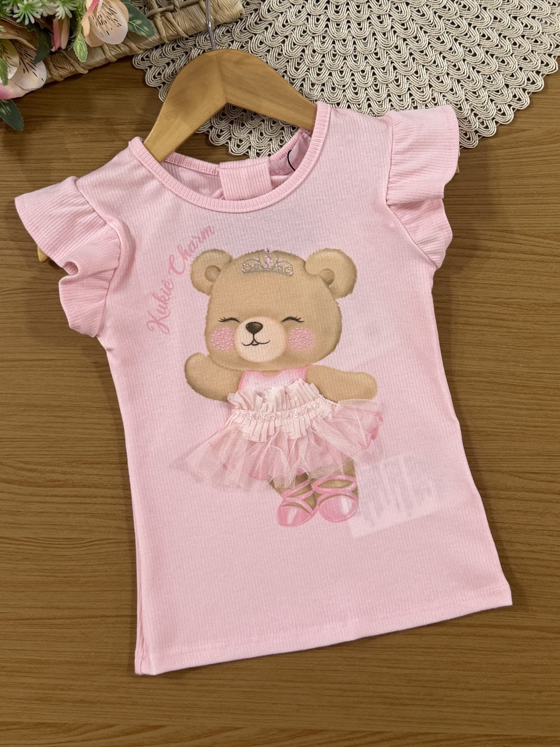 Conjunto Infantil Kukiê Verão com Shorts Saia e Blusa Rosa Ursinha Bailarina