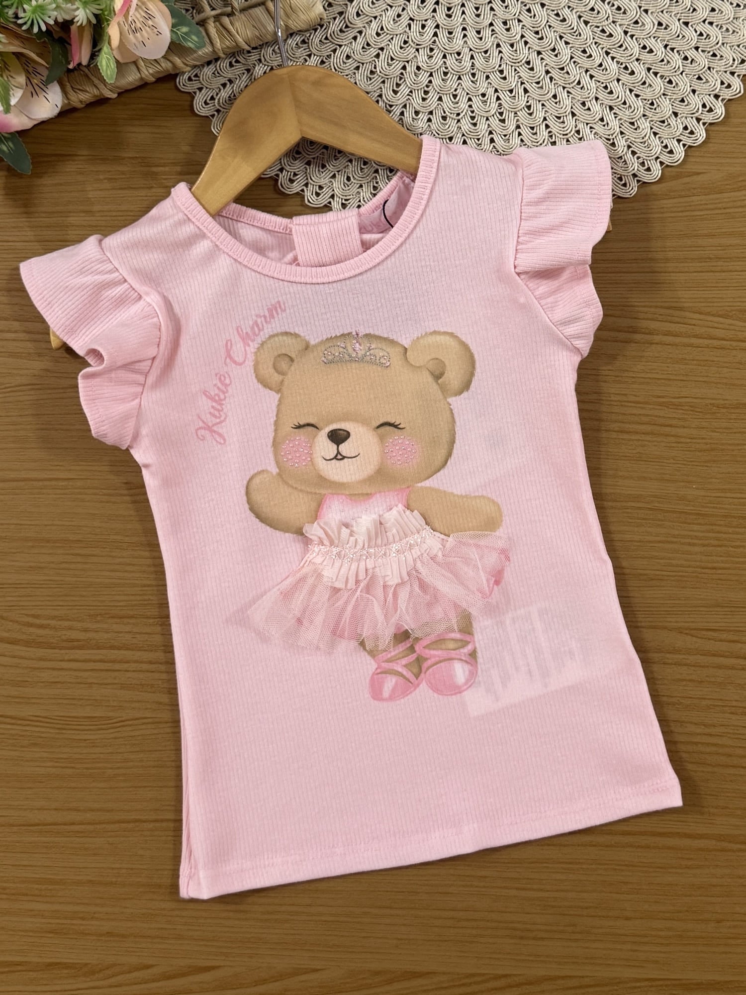 Conjunto Infantil Kukiê Verão com Shorts Saia e Blusa Rosa Ursinha Bailarina