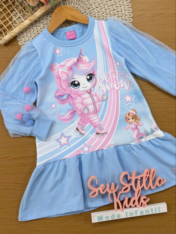 Vestido Infantil Cinti Inverno sem Flanela com Tule Azul Unicórnio Snow