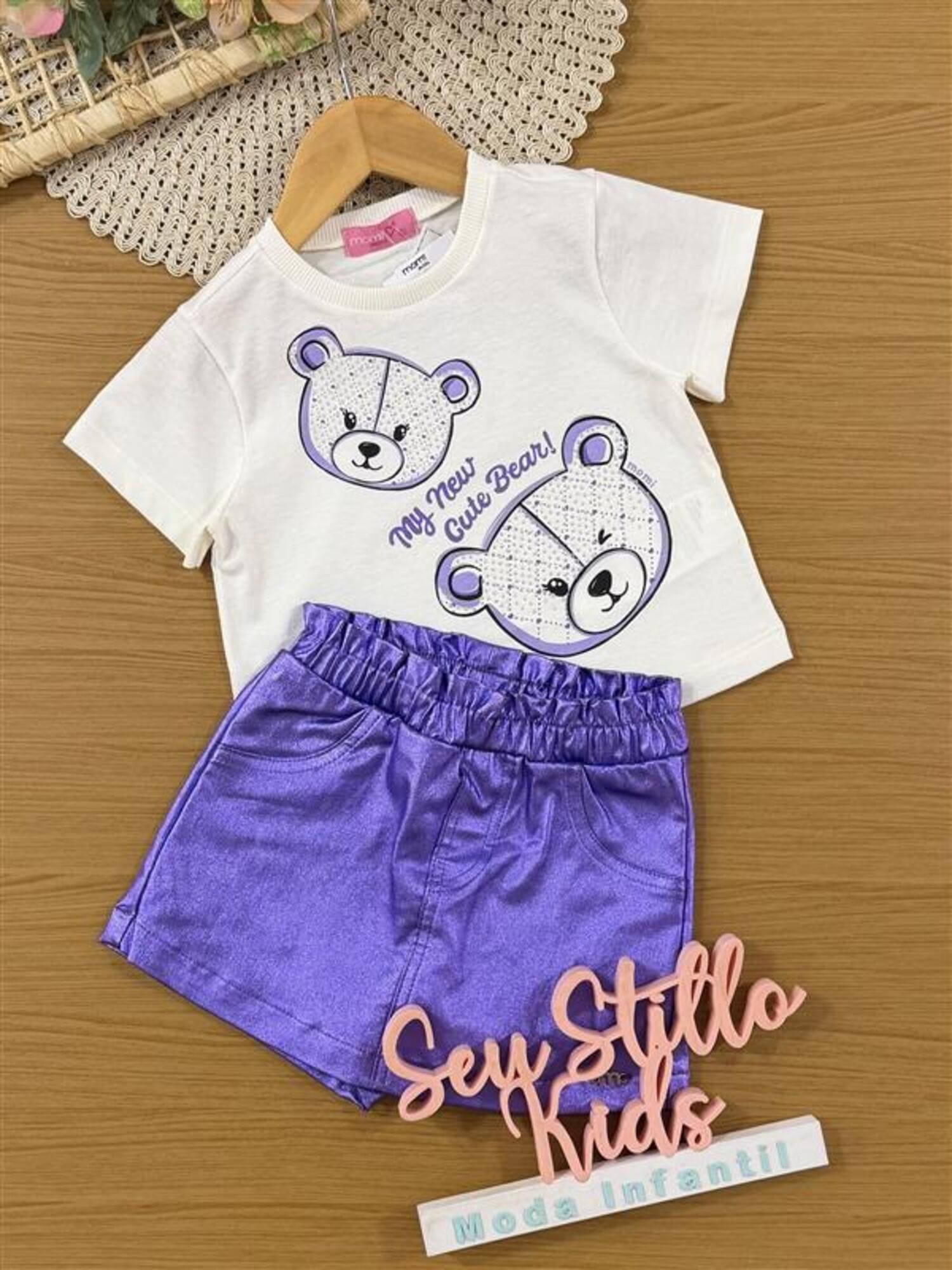Conjunto Infantil Momi Inverno com Shorts Lilás e Blusa Manga Curta Ursinhos Cute