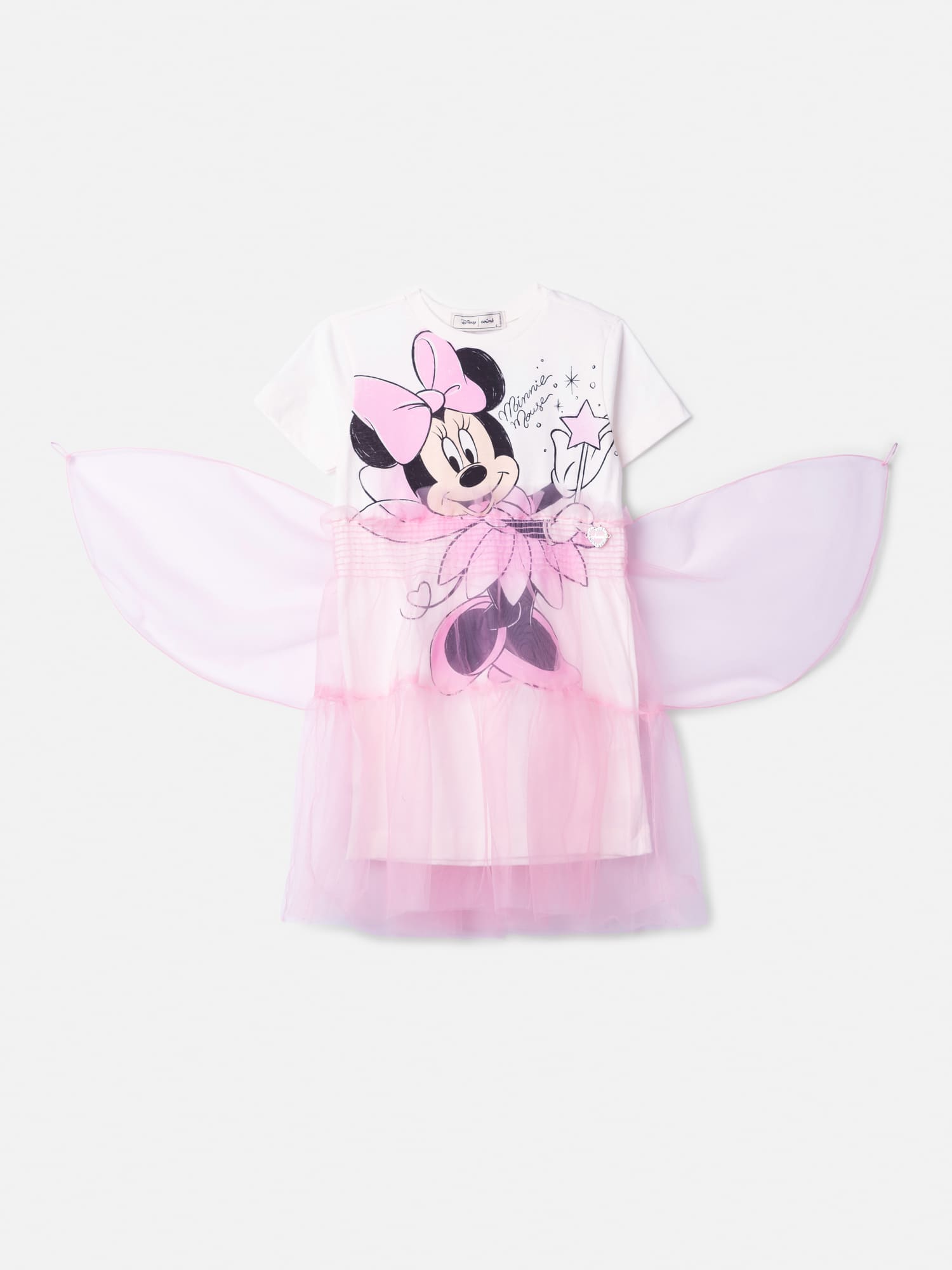 Vestido Infantil Animê Verão Branco com Sobreposição Rosa Minnie Disney
