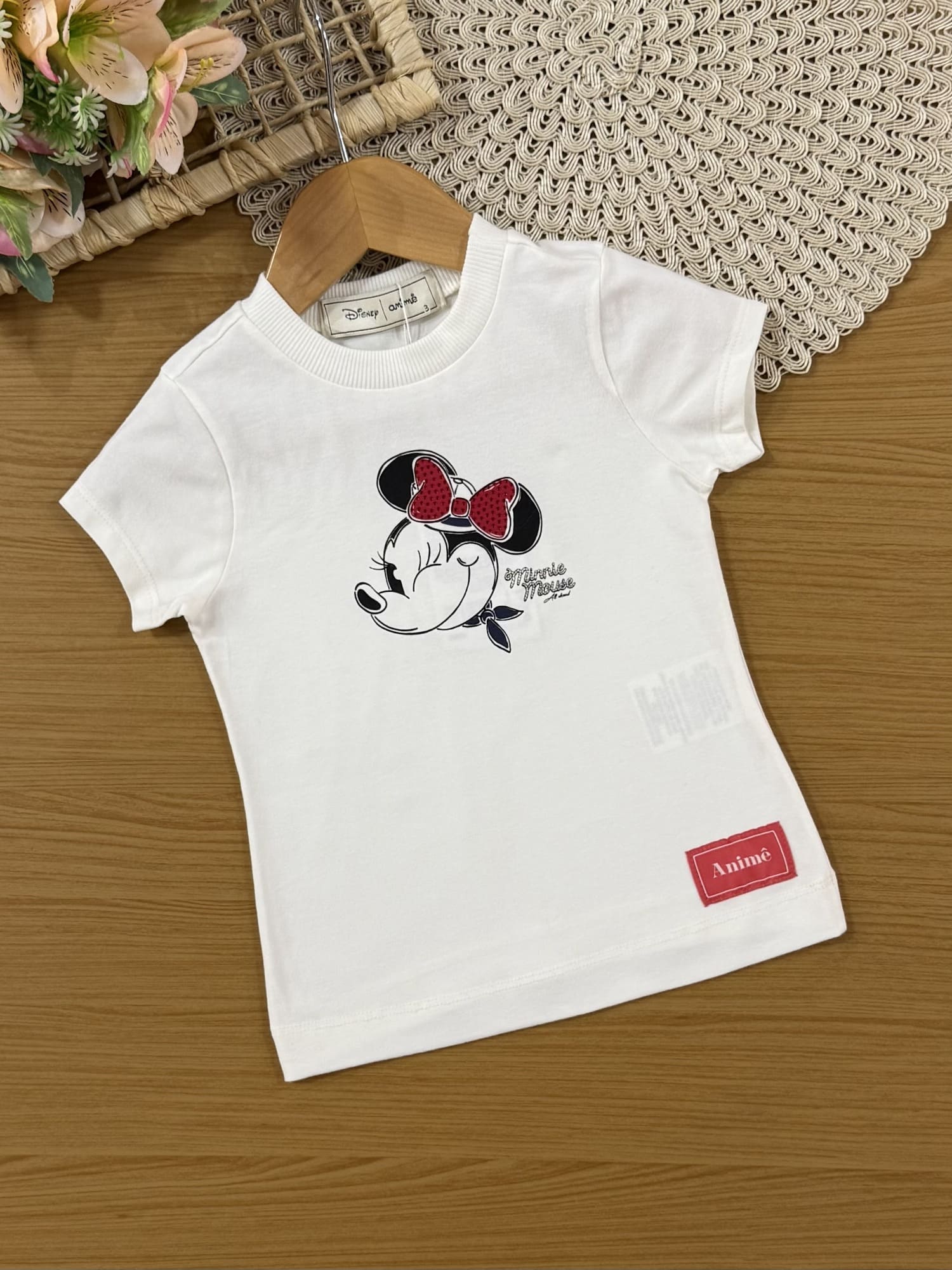 Conjunto Infantil Animê Verão com Shorts Saia Vermelho e Blusa Branca Minnie com Strass Disney