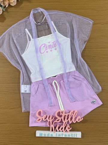 Conjunto Infantil Cinti Verão Shorts Lilás e Top Com Sobreposição Em Tule