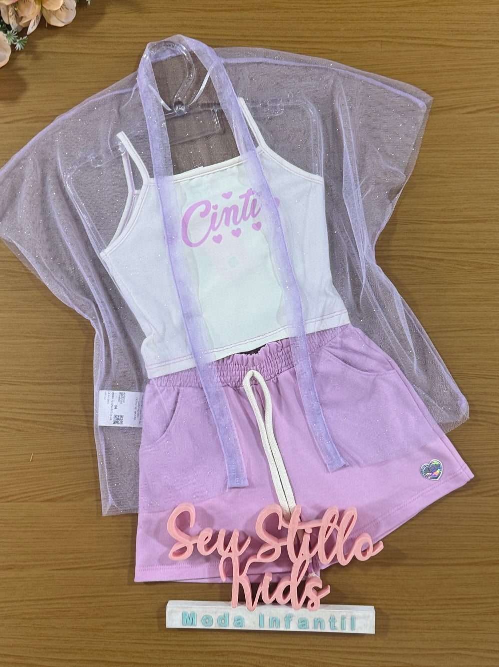 Conjunto Infantil Cinti Verão Shorts Lilás e Top Com Sobreposição Em Tule