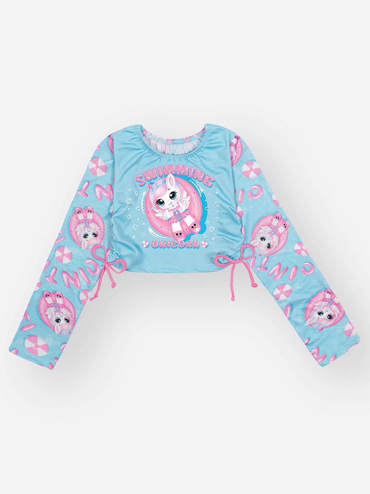 Biquíni Infantil Cinti Verão com Blusa Manga Longa Azul Unicórnio