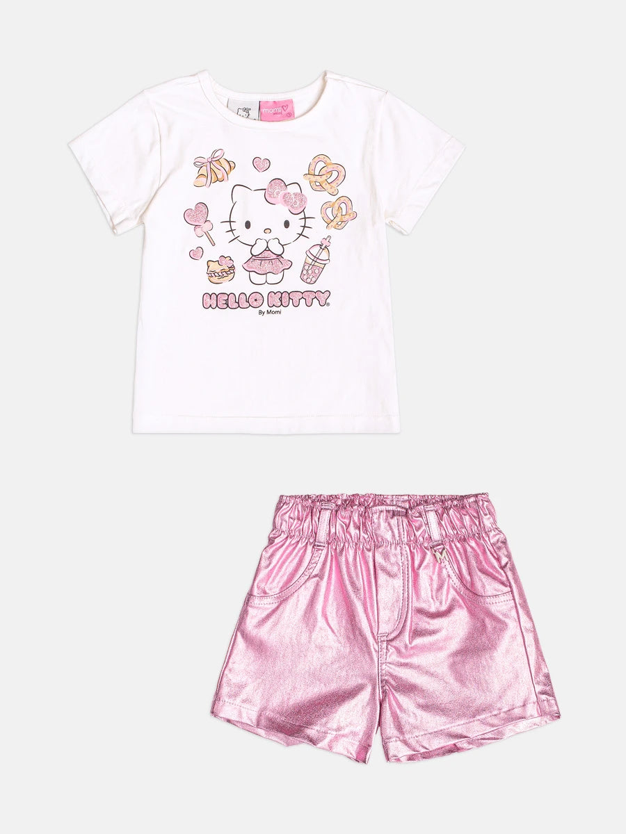 Conjunto Infantil Momi Inverno com Shorts Rosa e Blusa Manga Curta Hello Kitty Docinhos