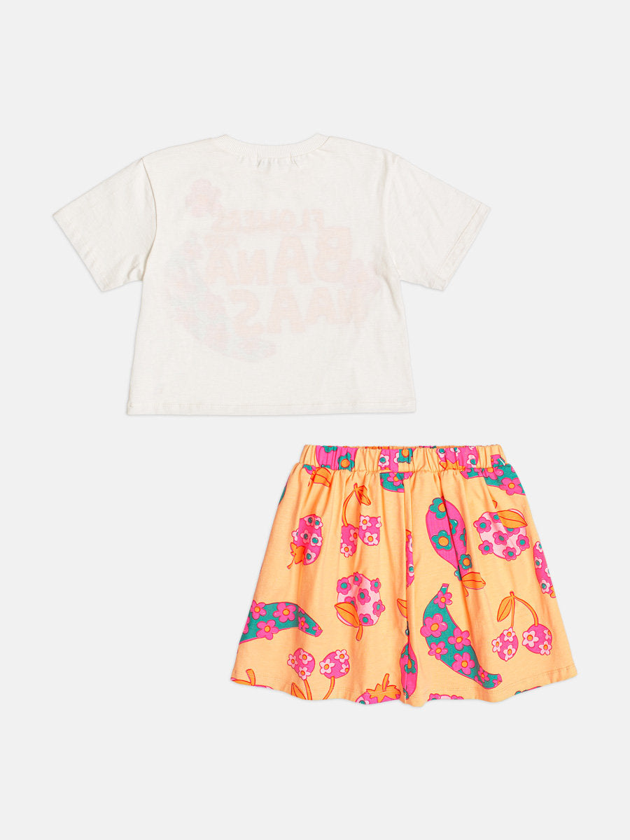 Conjunto Infantil Menina Bimbi com Saia Laranja e Blusa Branca Flowers e Bananas