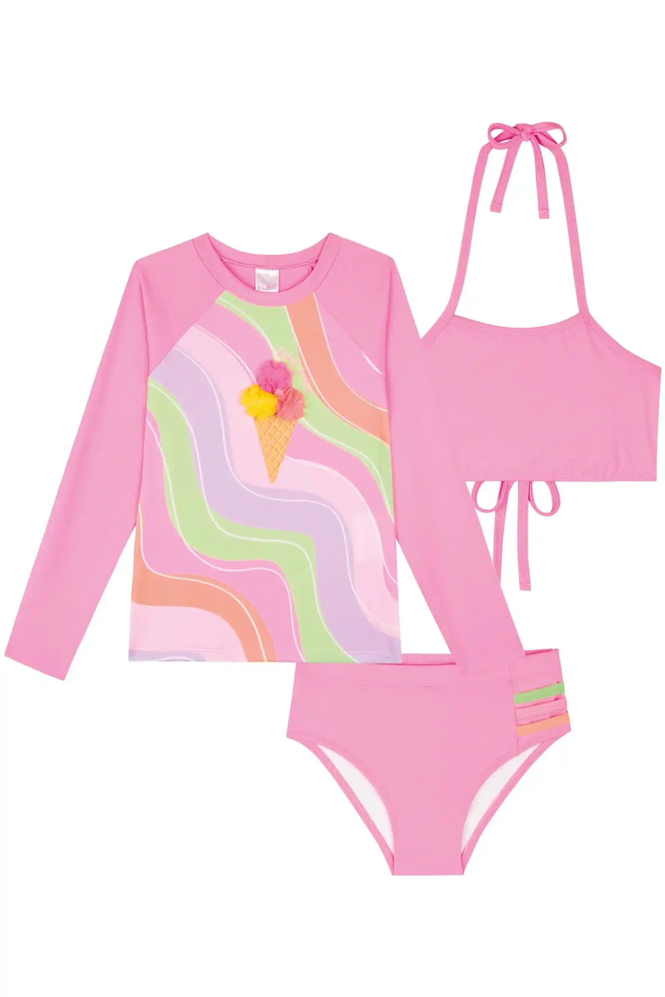 Biquíni Infantil Kukiê Verão Rosa com Blusa Manga Longa Sorvetinho