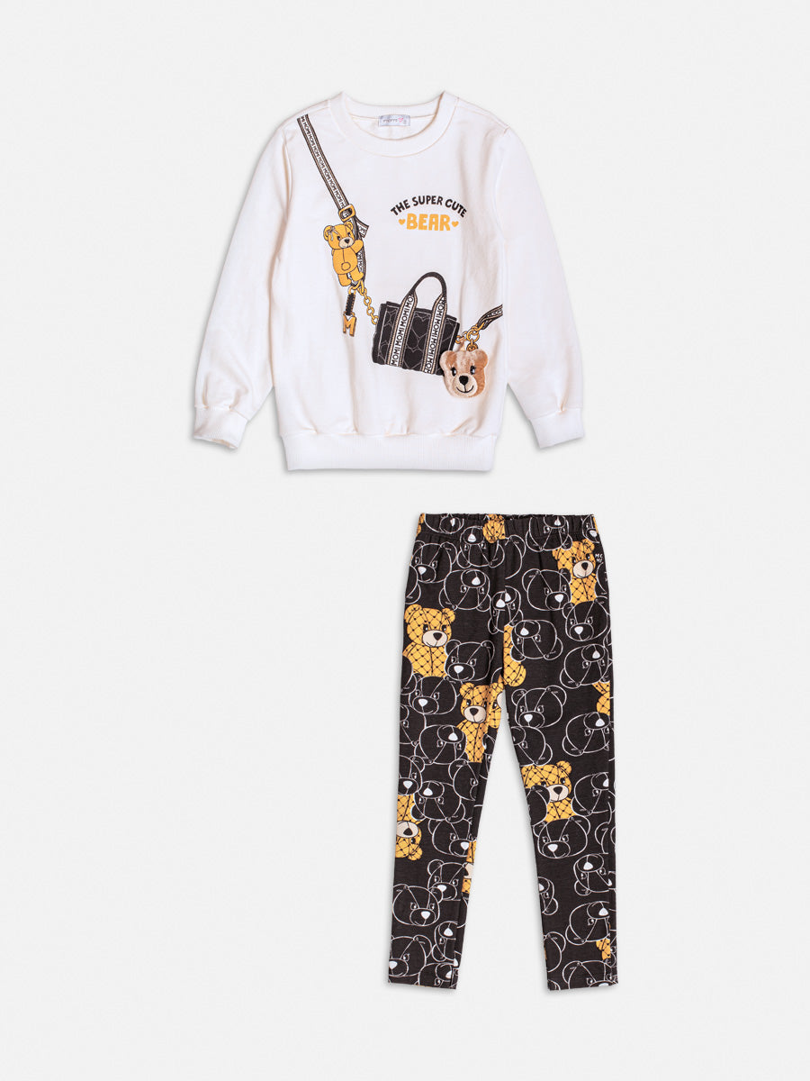 Conjunto Infantil Momi Inverno com Calça Prata e Moletom sem Flanela Branco Cute Bear