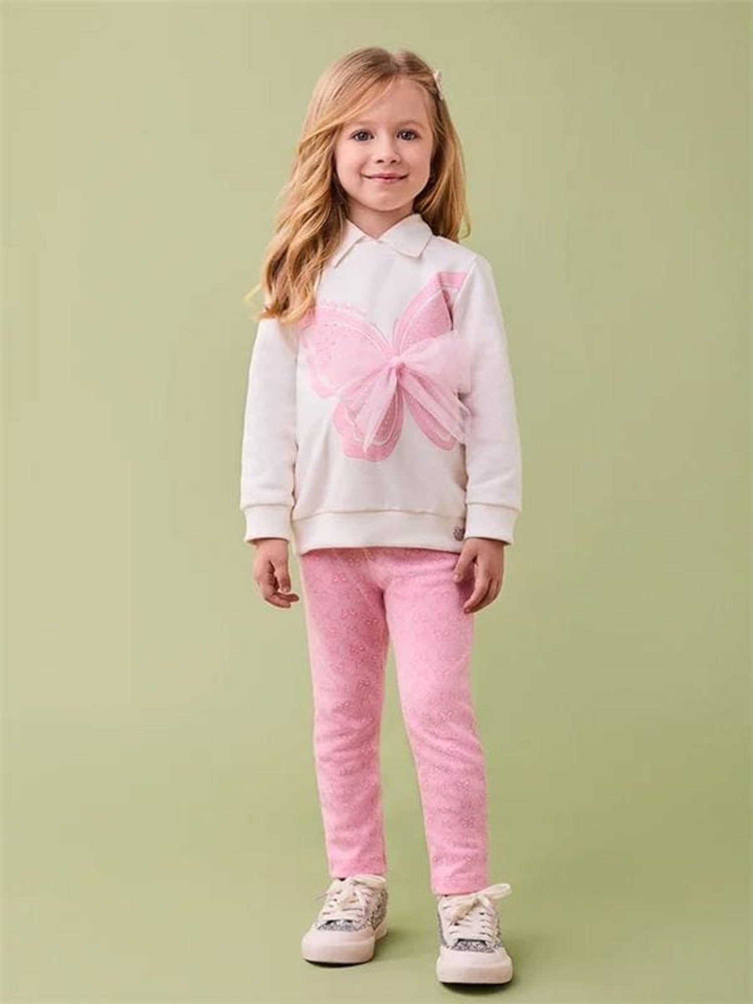Conjunto Infantil Momi Inverno com Calça Rosa e Casaco Branco Borboleta com Strass