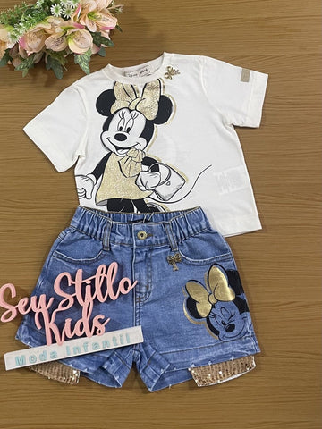Conjunto Infantil Animê Verão Shorts Jeans e Camisa Minnie e Daisy Duck