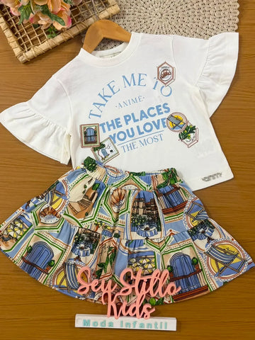 Conjunto Infantil Menina Animê com Saia Estampada e Blusa Branca The Places you Love
