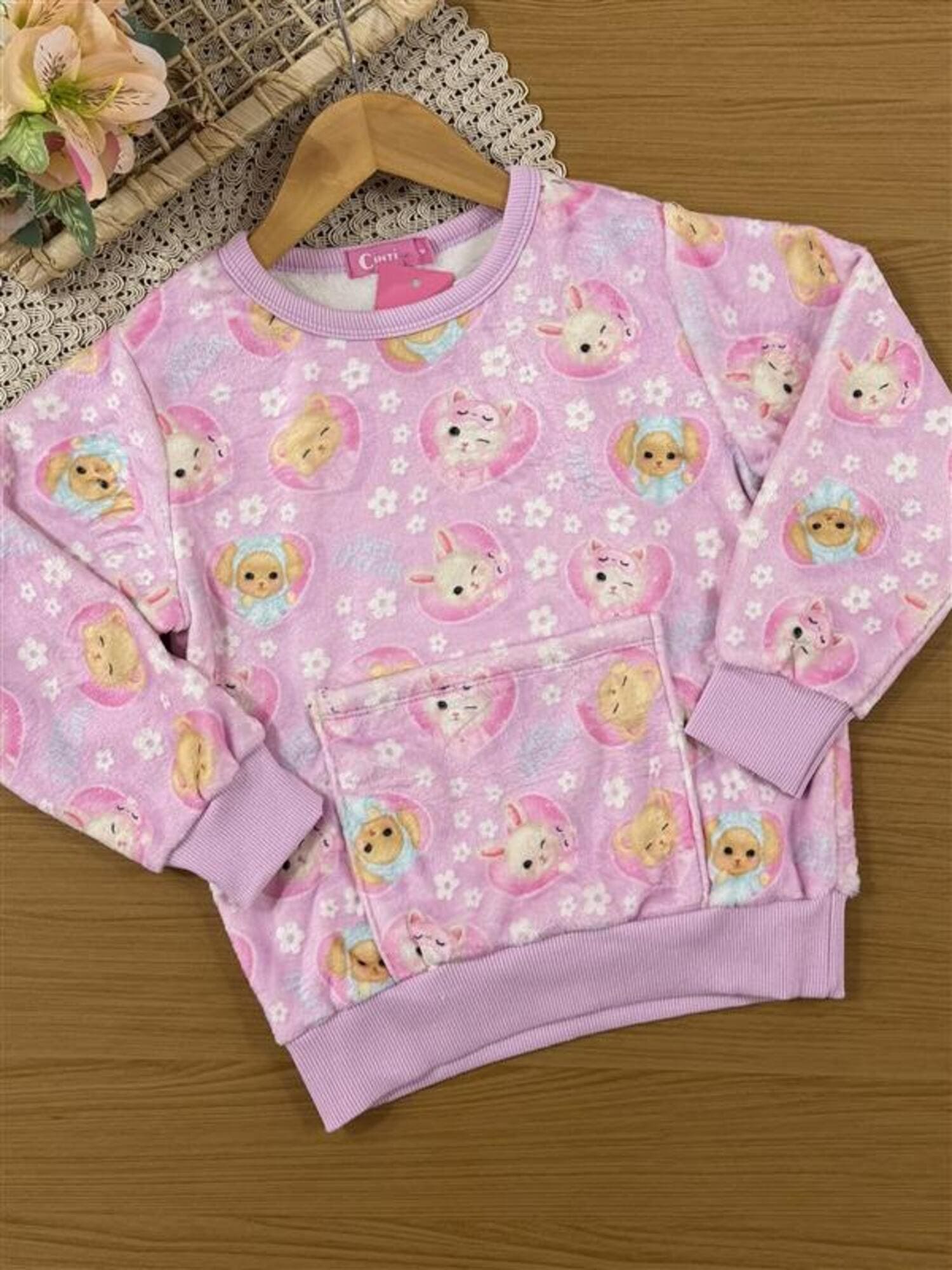 Pijama Infantil Cinti Inverno com Calça e Casaco Rosa Bichinhos