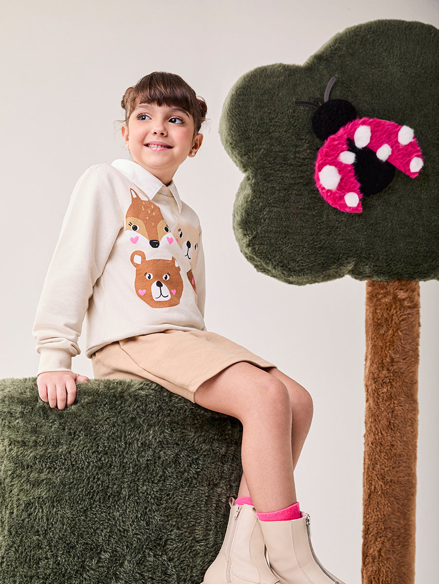 Conjunto Infantil Bimbi Inverno com Shorts Saia e Moletom sem Flanela Bege Bichinhos