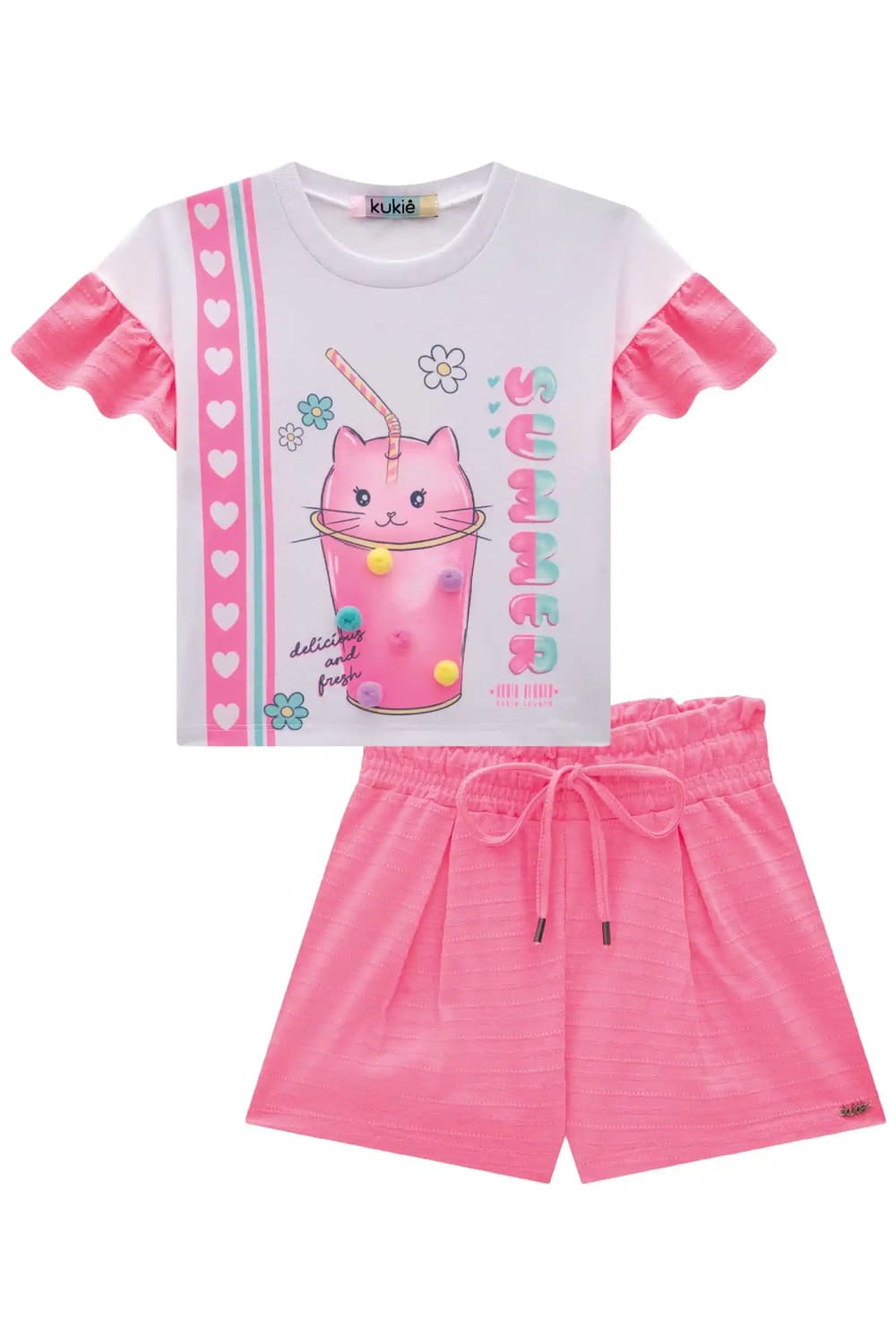 Conjunto Infantil Kukie Verão Shorts Rosa e Blusa Boxy Gatinha Milk Shake